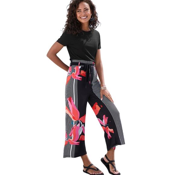 Lascana floral stripe cutlottes wide cropped pants womens 10 comfort boho chic - Picture 1 of 7